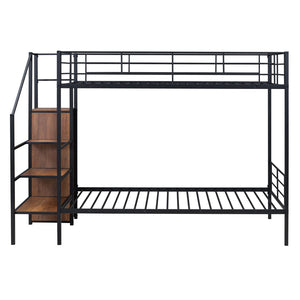 HomeRoots Black Twin Over Twin Metal Bunk Bed with Stairs, Storage & Safety Features for Kids' Rooms 590380