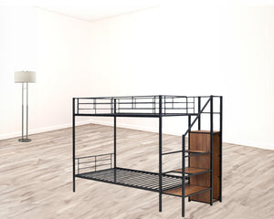 HomeRoots Black Twin Over Twin Metal Bunk Bed with Stairs, Storage & Safety Features for Kids' Rooms 590380