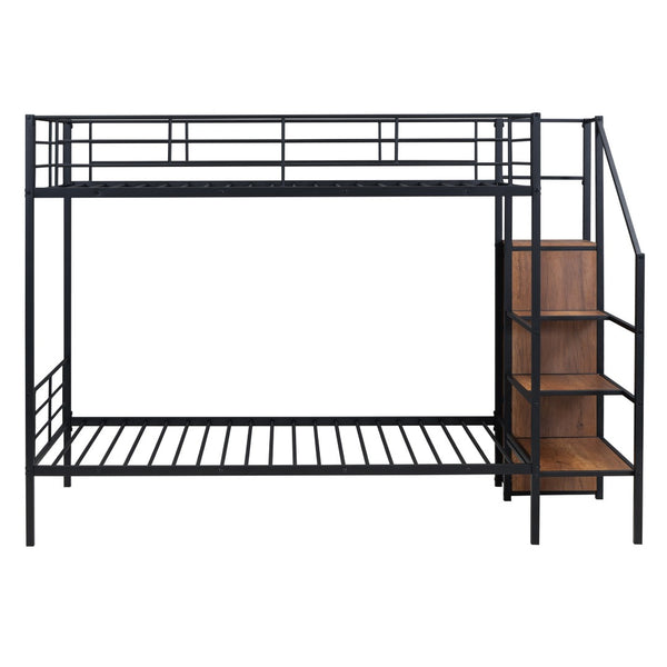 HomeRoots Black Twin Over Twin Metal Bunk Bed with Stairs, Storage & Safety Features for Kids' Rooms 590380
