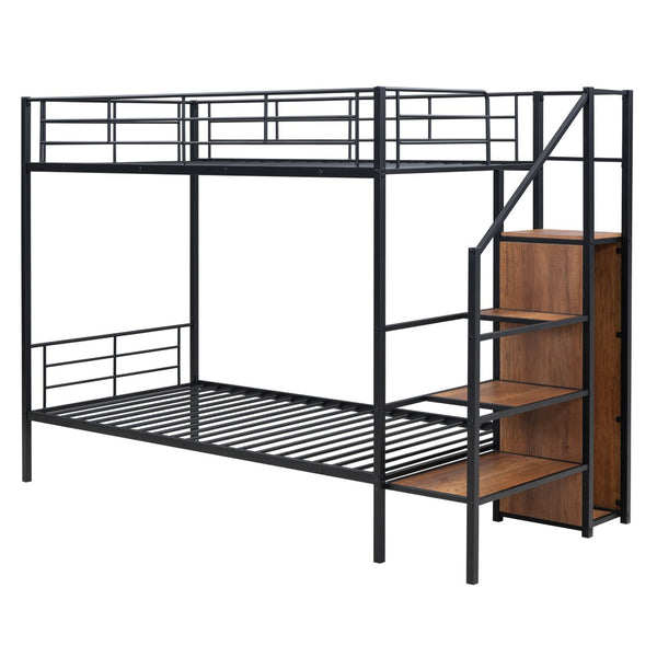 HomeRoots Black Twin Over Twin Metal Bunk Bed with Stairs, Storage & Safety Features for Kids' Rooms 590380