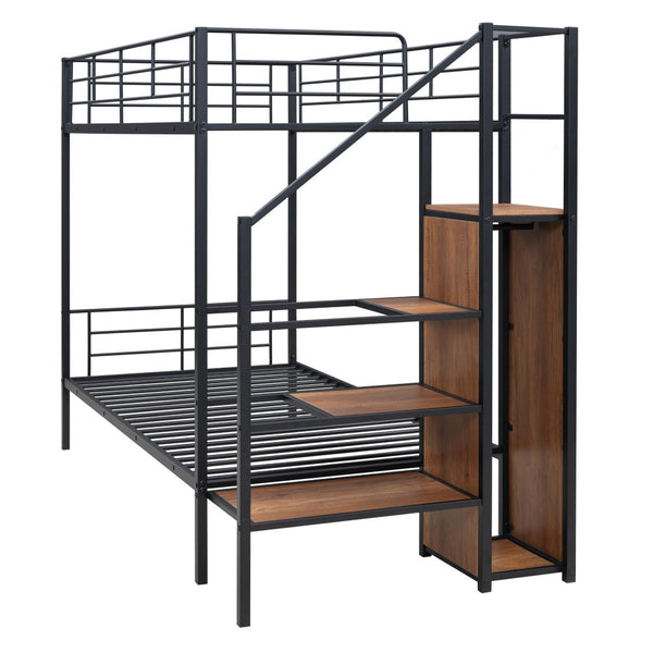 HomeRoots Black Twin Over Twin Metal Bunk Bed with Stairs, Storage & Safety Features for Kids' Rooms 590380