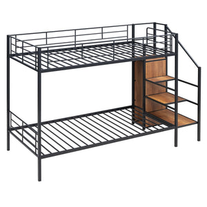 HomeRoots Black Twin Over Twin Metal Bunk Bed with Stairs, Storage & Safety Features for Kids' Rooms 590380