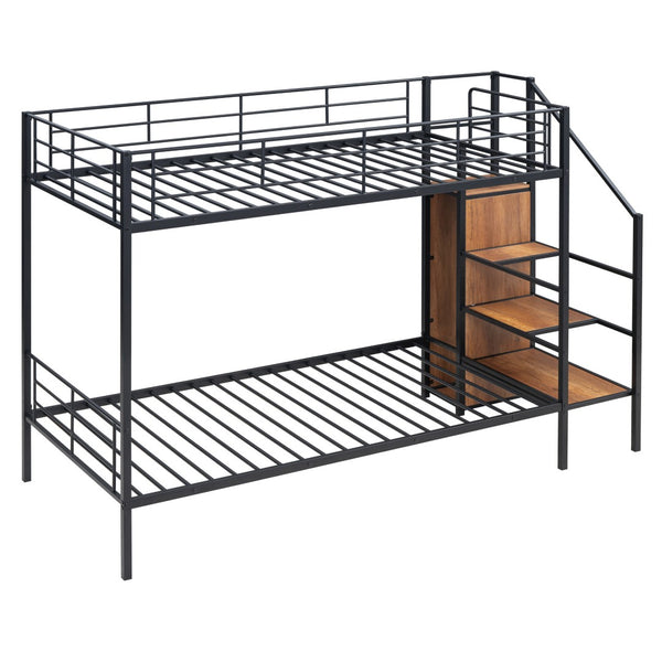 HomeRoots Black Twin Over Twin Metal Bunk Bed with Stairs, Storage & Safety Features for Kids' Rooms 590380