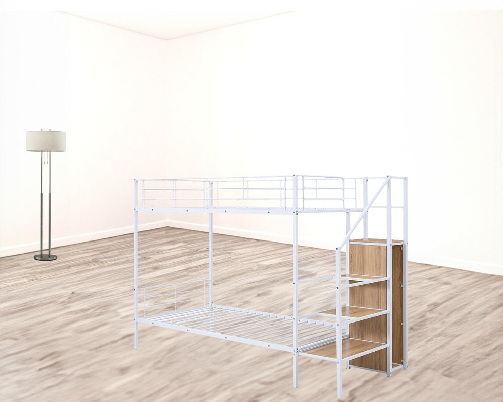 HomeRoots White Twin Over Twin Metal Bunk Bed with Staircase, Storage, and Safety Features for Kids' Rooms 590381