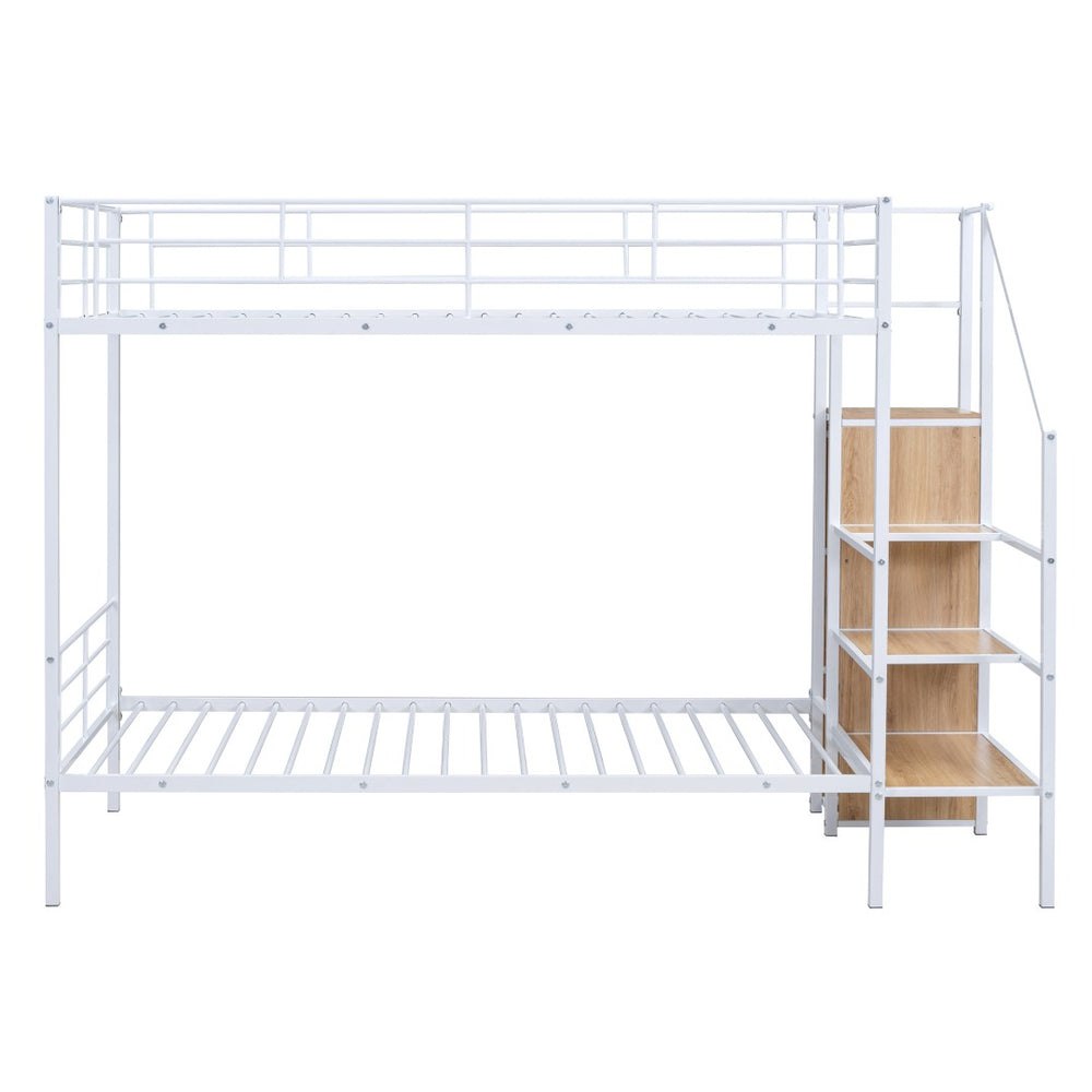HomeRoots White Twin Over Twin Metal Bunk Bed with Staircase, Storage, and Safety Features for Kids' Rooms 590381