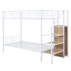 HomeRoots White Twin Over Twin Metal Bunk Bed with Staircase, Storage, and Safety Features for Kids' Rooms 590381