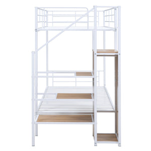 HomeRoots White Twin Over Twin Metal Bunk Bed with Staircase, Storage, and Safety Features for Kids' Rooms 590381