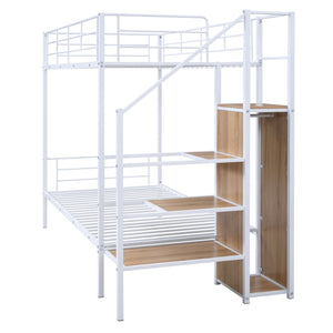 HomeRoots White Twin Over Twin Metal Bunk Bed with Staircase, Storage, and Safety Features for Kids' Rooms 590381