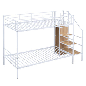 HomeRoots White Twin Over Twin Metal Bunk Bed with Staircase, Storage, and Safety Features for Kids' Rooms 590381