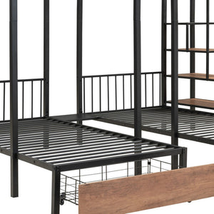 HomeRoots Black Full Over Two Twins Metal Bunk Bed with Stylish Stairs, Storage, and Safety Features for Kids 590382