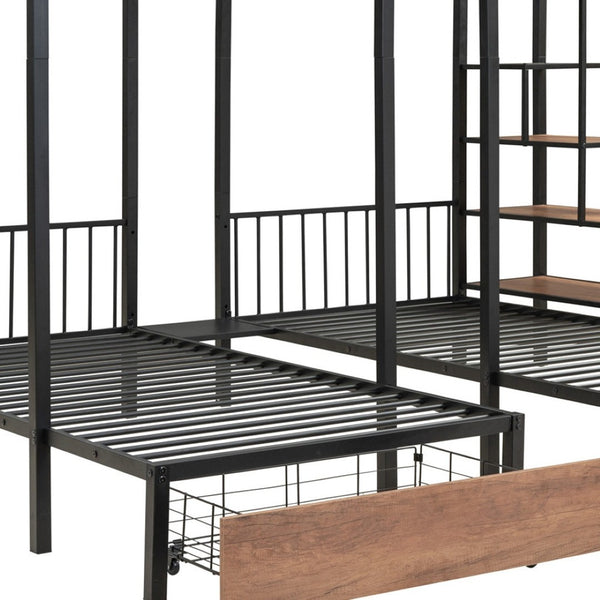 HomeRoots Black Full Over Two Twins Metal Bunk Bed with Stylish Stairs, Storage, and Safety Features for Kids 590382