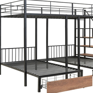 HomeRoots Black Full Over Two Twins Metal Bunk Bed with Stylish Stairs, Storage, and Safety Features for Kids 590382