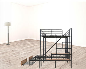 HomeRoots Black Full Over Two Twins Metal Bunk Bed with Stylish Stairs, Storage, and Safety Features for Kids 590382