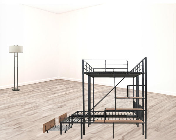 HomeRoots Black Full Over Two Twins Metal Bunk Bed with Stylish Stairs, Storage, and Safety Features for Kids 590382