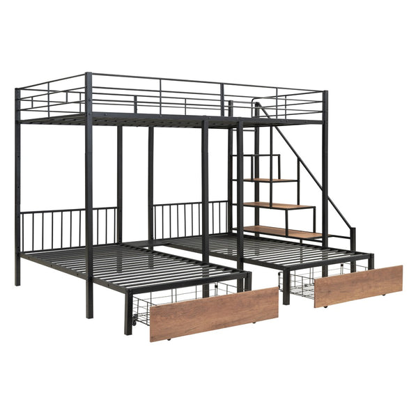 HomeRoots Black Full Over Two Twins Metal Bunk Bed with Stylish Stairs, Storage, and Safety Features for Kids 590382