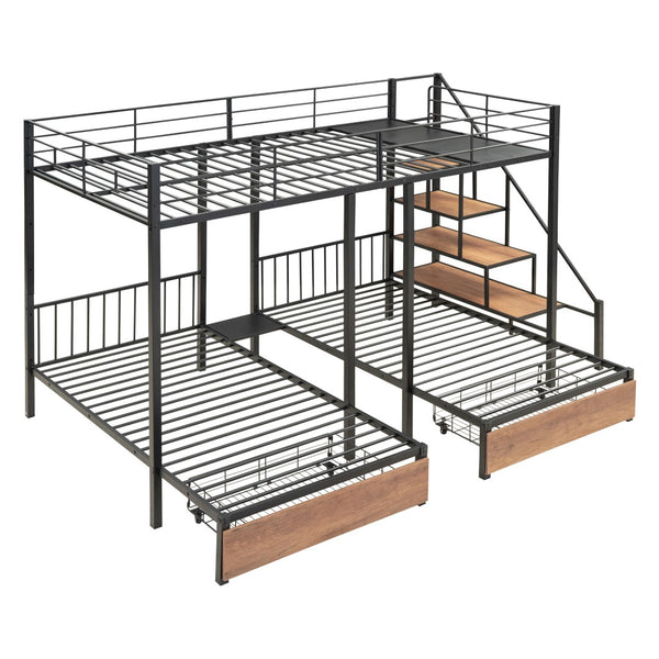 HomeRoots Black Full Over Two Twins Metal Bunk Bed with Stylish Stairs, Storage, and Safety Features for Kids 590382