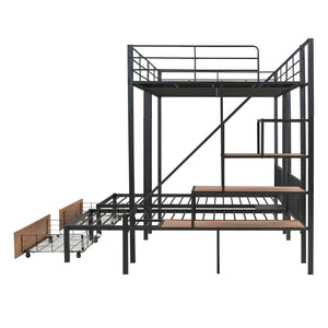 HomeRoots Black Full Over Two Twins Metal Bunk Bed with Stylish Stairs, Storage, and Safety Features for Kids 590382