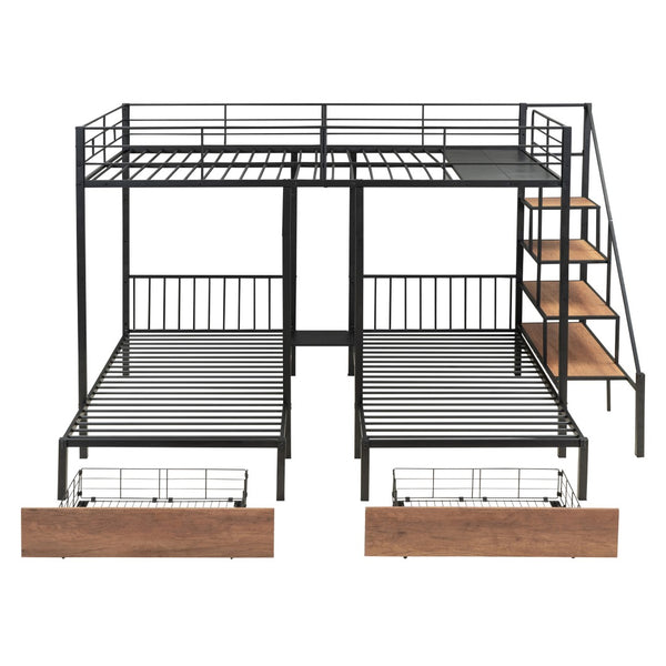 HomeRoots Black Full Over Two Twins Metal Bunk Bed with Stylish Stairs, Storage, and Safety Features for Kids 590382