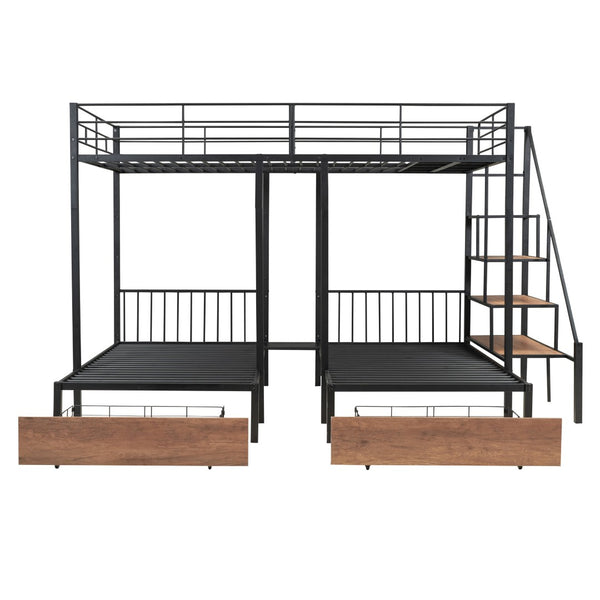 HomeRoots Black Full Over Two Twins Metal Bunk Bed with Stylish Stairs, Storage, and Safety Features for Kids 590382