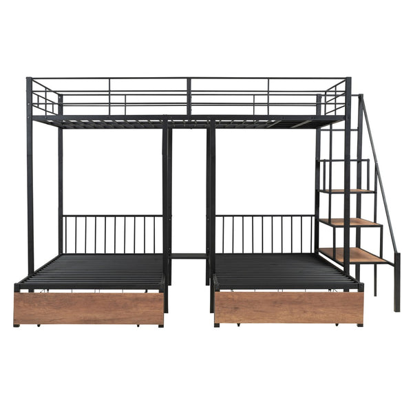 HomeRoots Black Full Over Two Twins Metal Bunk Bed with Stylish Stairs, Storage, and Safety Features for Kids 590382