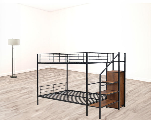 HomeRoots Black Full-Over-Full Metal Bunk Bed with Stairs, Storage & Safety Features for Kids' Rooms 590383