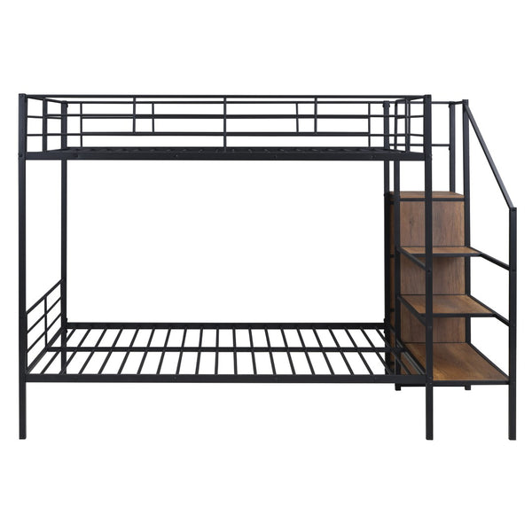 HomeRoots Black Full-Over-Full Metal Bunk Bed with Stairs, Storage & Safety Features for Kids' Rooms 590383