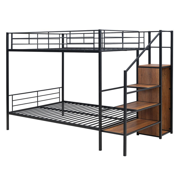 HomeRoots Black Full-Over-Full Metal Bunk Bed with Stairs, Storage & Safety Features for Kids' Rooms 590383