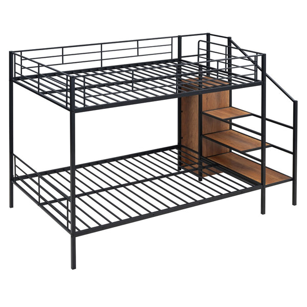 HomeRoots Black Full-Over-Full Metal Bunk Bed with Stairs, Storage & Safety Features for Kids' Rooms 590383