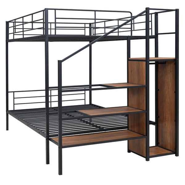 HomeRoots Black Full-Over-Full Metal Bunk Bed with Stairs, Storage & Safety Features for Kids' Rooms 590383