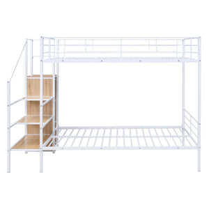 HomeRoots White Full Over Full Metal Bunk Bed with Built-in Stairs & Storage for Kids’ Room – Safe & Stylish 590384