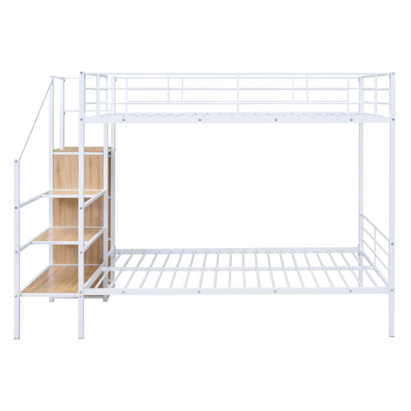HomeRoots White Full Over Full Metal Bunk Bed with Built-in Stairs & Storage for Kids’ Room – Safe & Stylish 590384