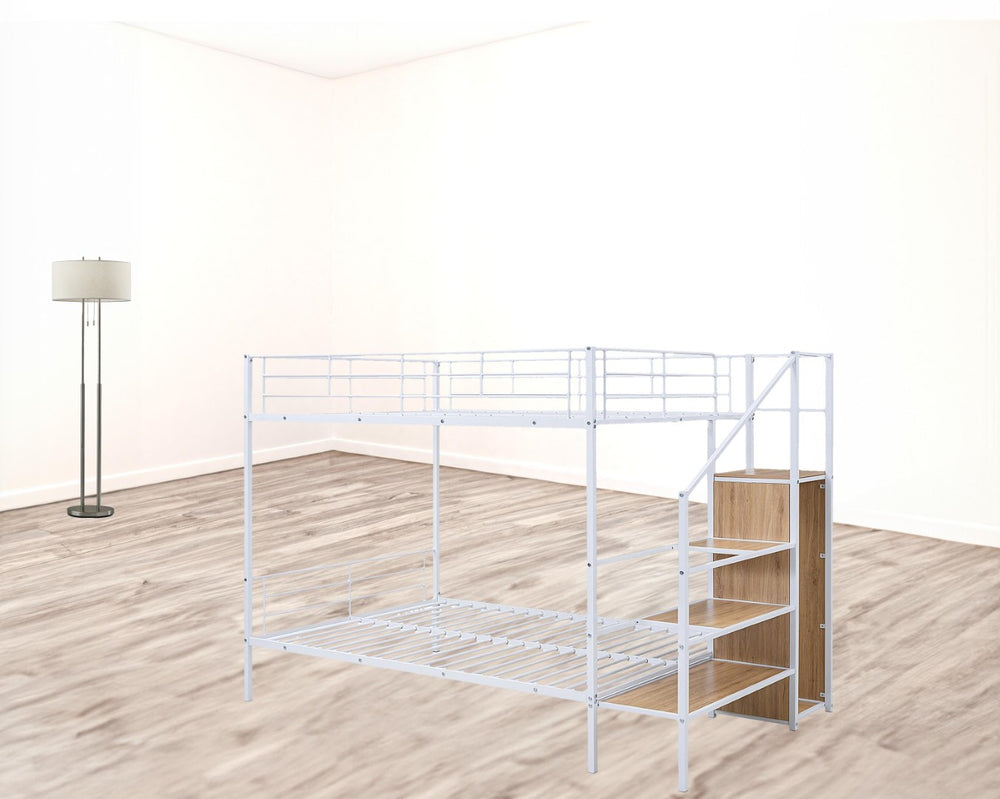 HomeRoots White Full Over Full Metal Bunk Bed with Built-in Stairs & Storage for Kids’ Room – Safe & Stylish 590384