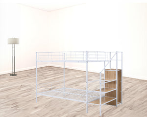 HomeRoots White Full Over Full Metal Bunk Bed with Built-in Stairs & Storage for Kids’ Room – Safe & Stylish 590384