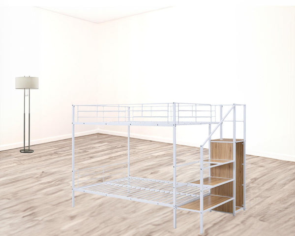HomeRoots White Full Over Full Metal Bunk Bed with Built-in Stairs & Storage for Kids’ Room – Safe & Stylish 590384