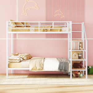 HomeRoots White Full Over Full Metal Bunk Bed with Built-in Stairs & Storage for Kids’ Room – Safe & Stylish 590384