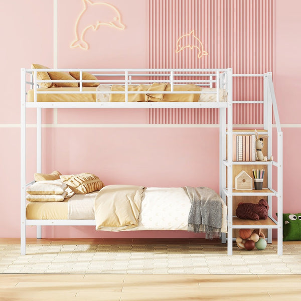HomeRoots White Full Over Full Metal Bunk Bed with Built-in Stairs & Storage for Kids’ Room – Safe & Stylish 590384