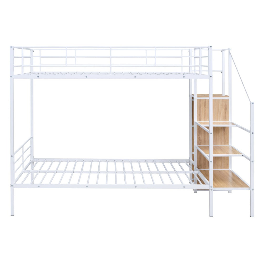 HomeRoots White Full Over Full Metal Bunk Bed with Built-in Stairs & Storage for Kids’ Room – Safe & Stylish 590384