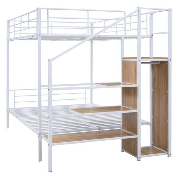 HomeRoots White Full Over Full Metal Bunk Bed with Built-in Stairs & Storage for Kids’ Room – Safe & Stylish 590384