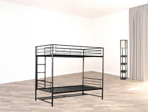HomeRoots Black Twin Over Twin Metal Bunk Bed with Integrated Storage - Modern Space-Saving Solution for Kids 590385