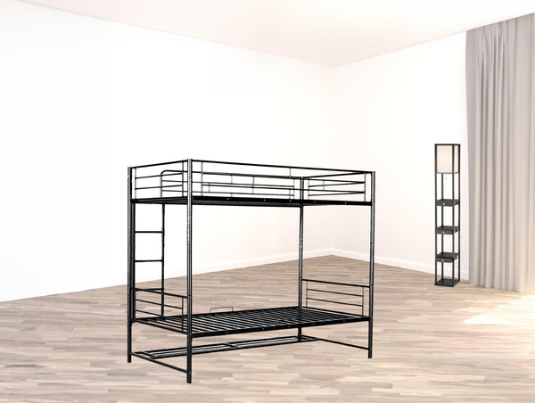 HomeRoots Black Twin Over Twin Metal Bunk Bed with Integrated Storage - Modern Space-Saving Solution for Kids 590385