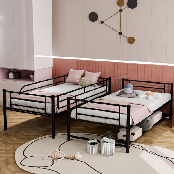 HomeRoots Black Twin Over Twin Metal Bunk Bed with Integrated Storage - Modern Space-Saving Solution for Kids 590385