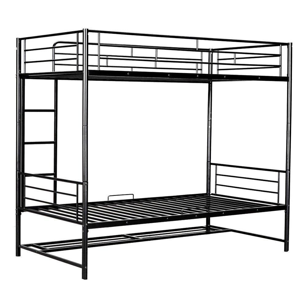 HomeRoots Black Twin Over Twin Metal Bunk Bed with Integrated Storage - Modern Space-Saving Solution for Kids 590385