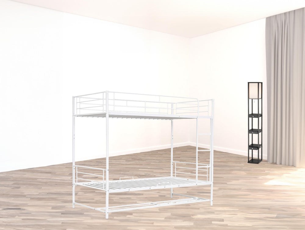 HomeRoots White Twin Over Twin Metal Bunk Bed with Built-In Storage for Kids – Stylish Space-Saving Design! 590386