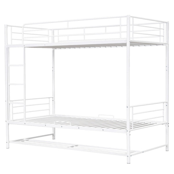 HomeRoots White Twin Over Twin Metal Bunk Bed with Built-In Storage for Kids – Stylish Space-Saving Design! 590386