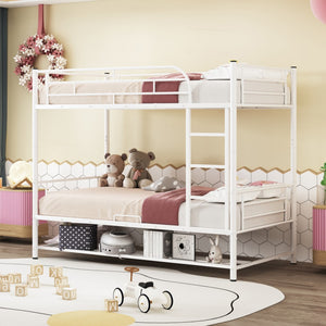 HomeRoots White Twin Over Twin Metal Bunk Bed with Built-In Storage for Kids – Stylish Space-Saving Design! 590386