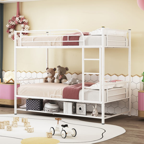 HomeRoots White Twin Over Twin Metal Bunk Bed with Built-In Storage for Kids – Stylish Space-Saving Design! 590386