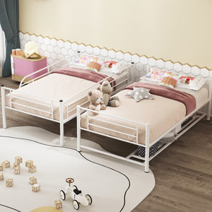 HomeRoots White Twin Over Twin Metal Bunk Bed with Built-In Storage for Kids – Stylish Space-Saving Design! 590386