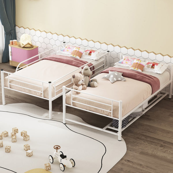 HomeRoots White Twin Over Twin Metal Bunk Bed with Built-In Storage for Kids – Stylish Space-Saving Design! 590386