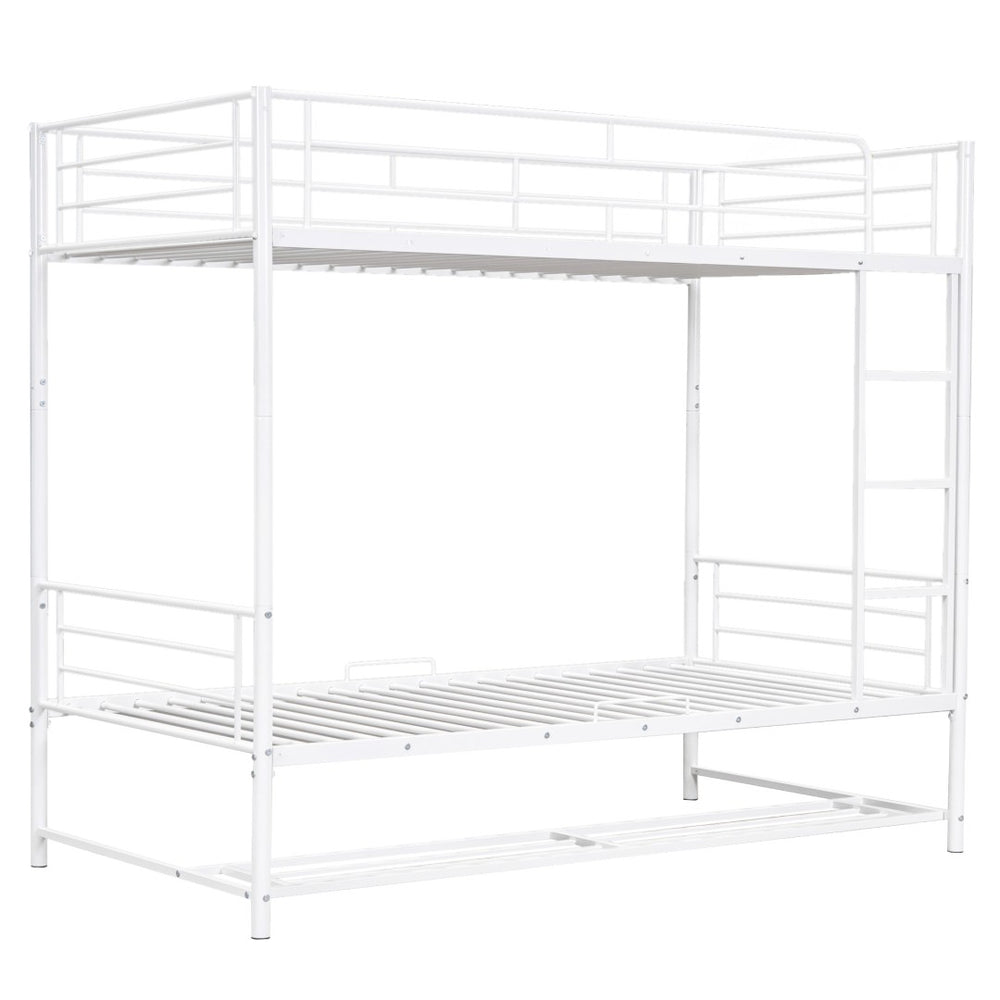HomeRoots White Twin Over Twin Metal Bunk Bed with Built-In Storage for Kids – Stylish Space-Saving Design! 590386