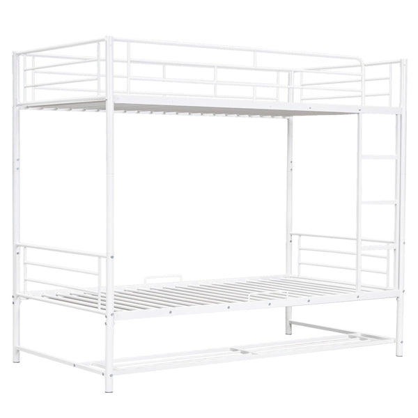 HomeRoots White Twin Over Twin Metal Bunk Bed with Built-In Storage for Kids – Stylish Space-Saving Design! 590386